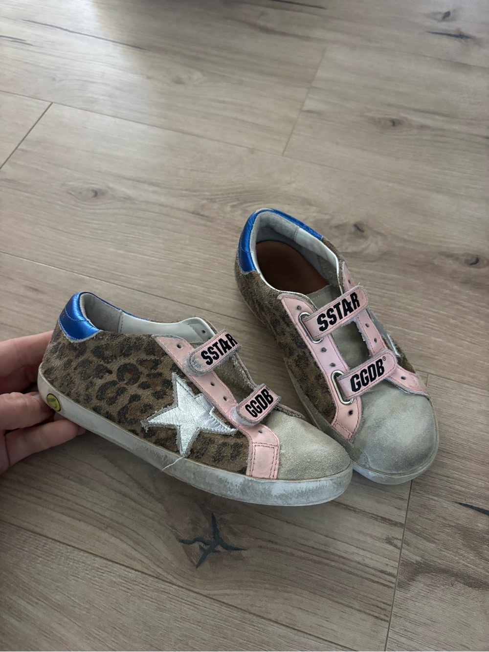 Kids Golden Goose Leopard Print Sneakers with Pink Accents and Silver Star